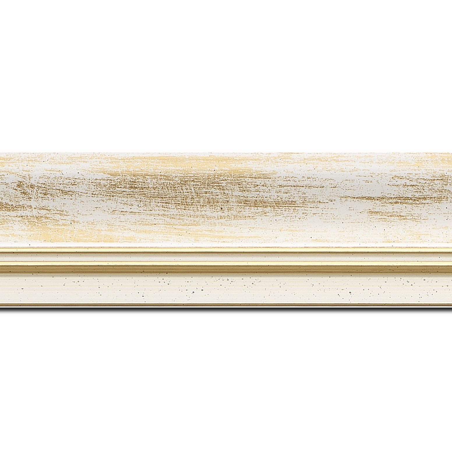 Baguette longueur 1.40m bois profil incurvé largeur 5.7cm de couleur blanc fond or marie louise blanche mouchetée filet or intégré