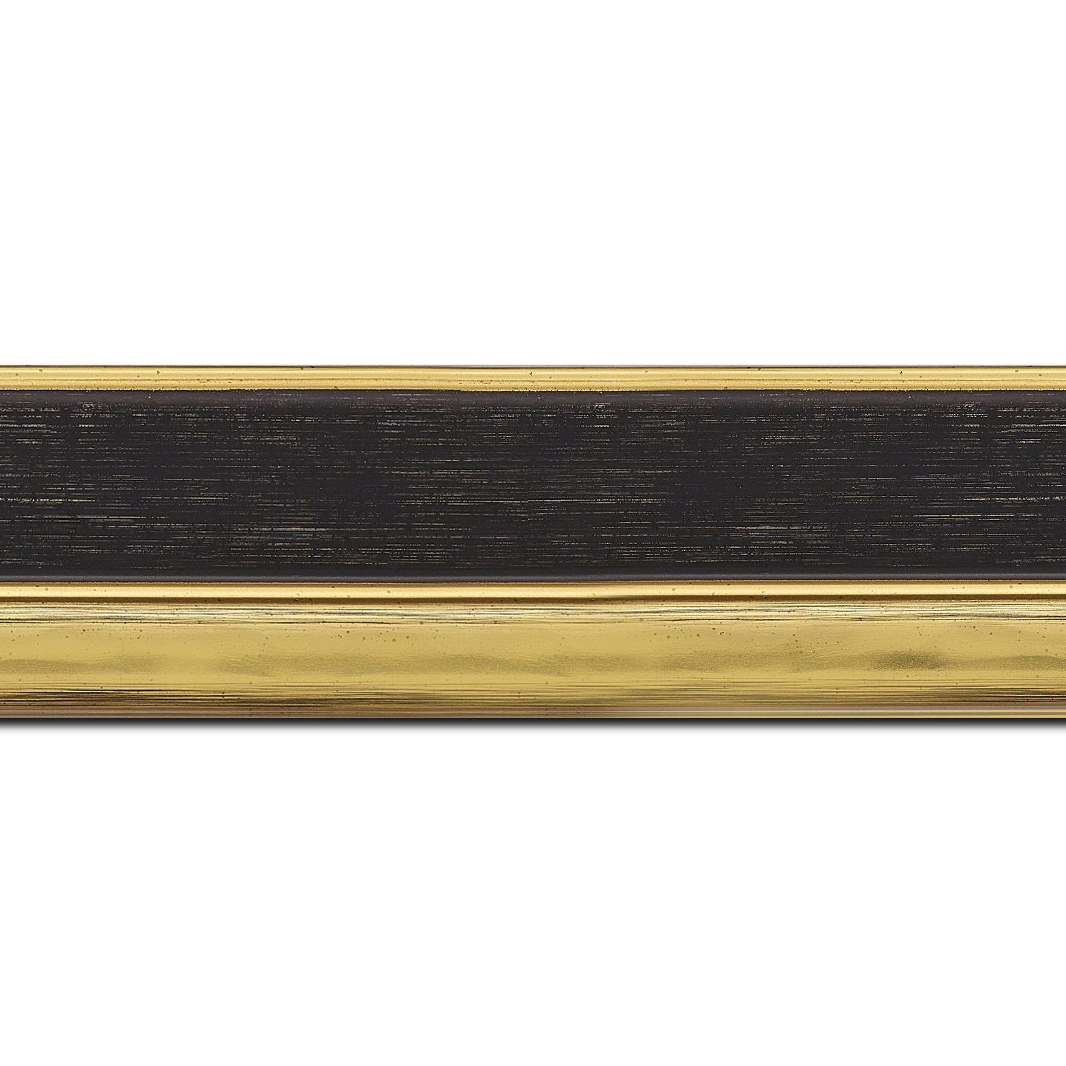 Baguette longueur 1.40m bois profil plat largeur 5cm couleur noir nez or chromé bosselé