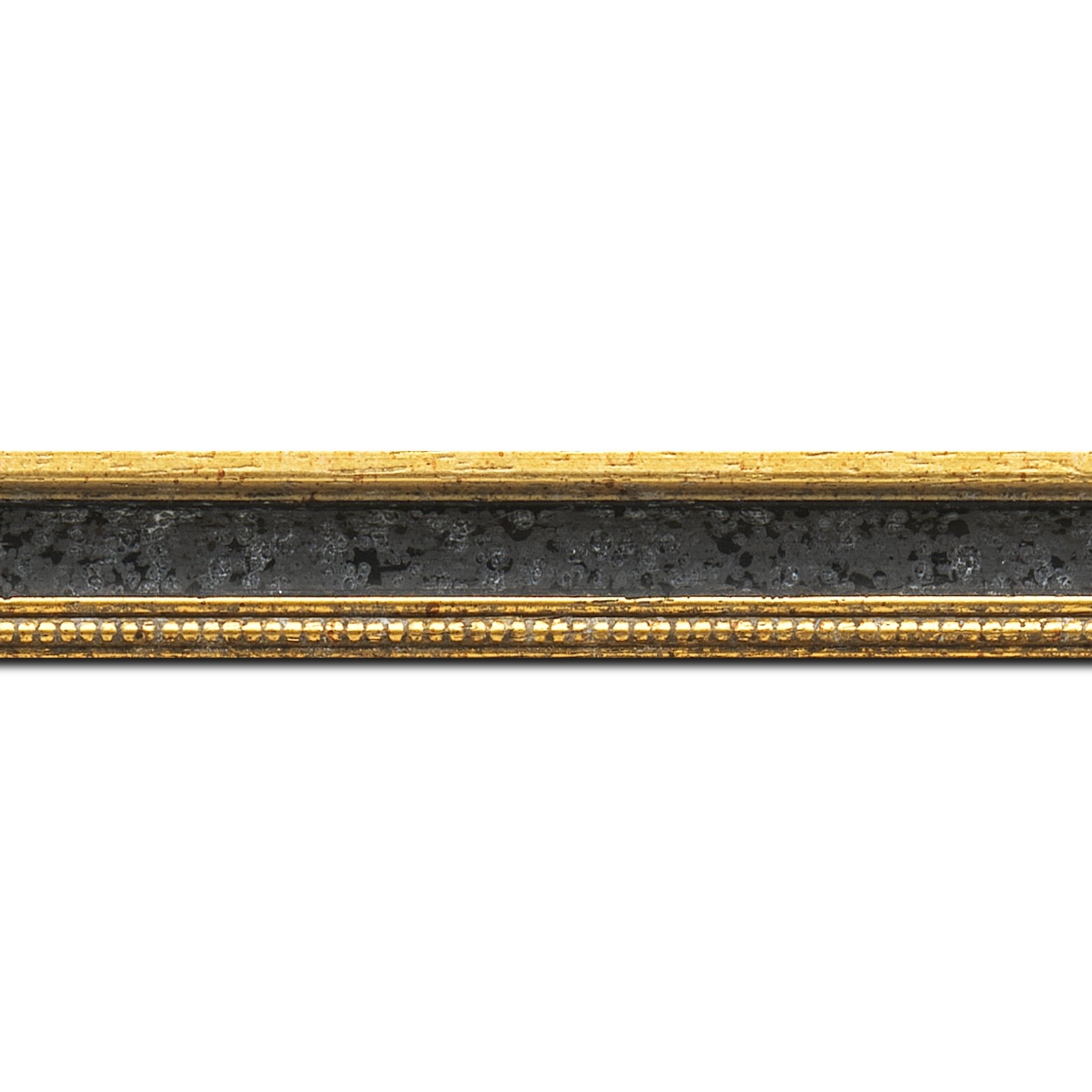 Baguette longueur 1.40m bois profil incurvé largeur 2.4cm  or antique gorge noir filet perle or