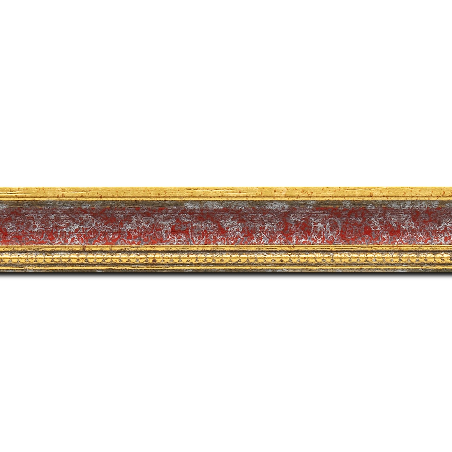 Baguette longueur 1.40m bois profil incurvé largeur 2.4cm  or antique gorge rouge cerise filet perle or
