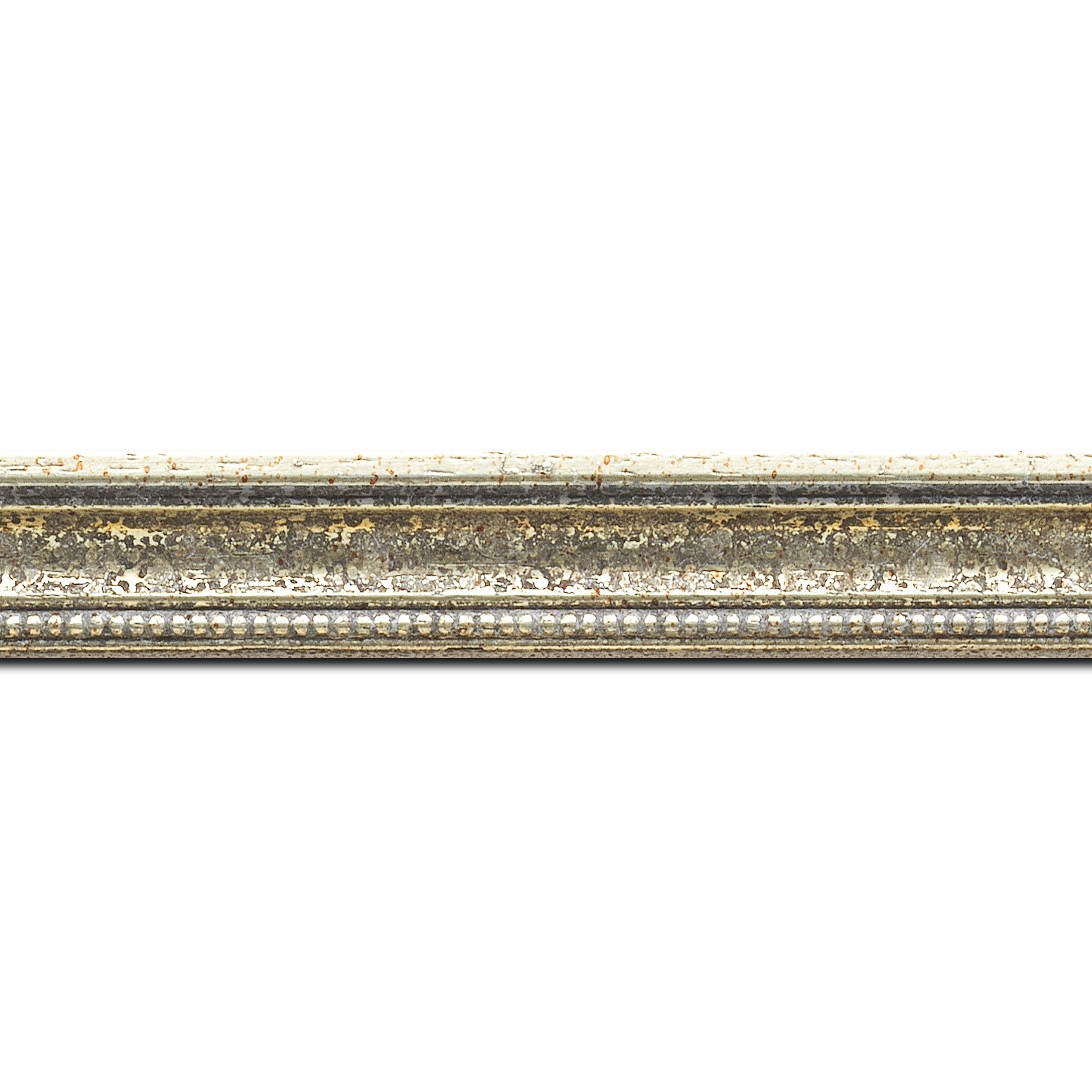 Baguette longueur 1.40m bois profil incurvé largeur 2.4cm  argent antique gorge argent filet perle or
