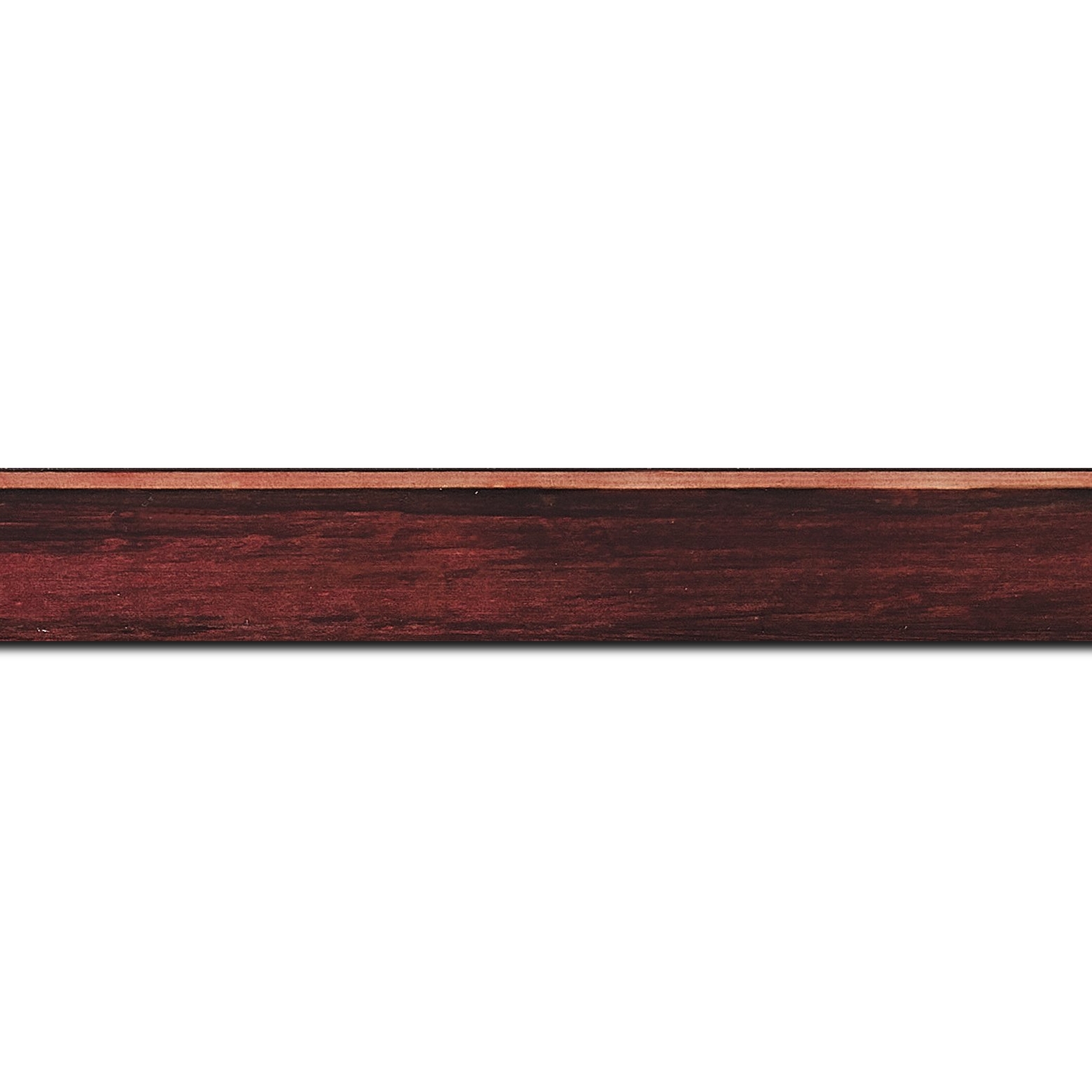 Pack par 12m, bois profil arrondi en pente plongeant largeur 2.4cm couleur bordeaux effet ressuyé, angle du cadre extérieur filet naturel (longueur baguette pouvant varier entre 2.40m et 3m selon arrivage des bois)