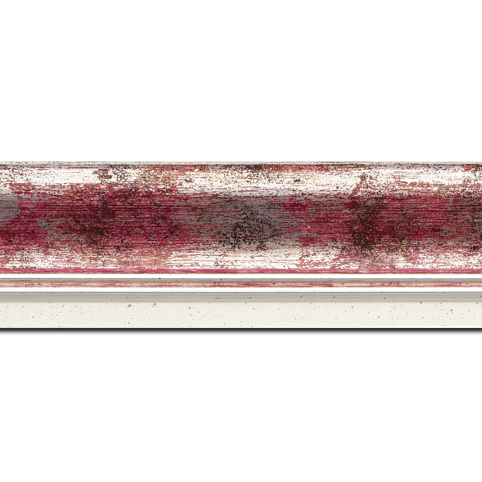 Baguette longueur 1.40m bois profil incurvé largeur 5.7cm de couleur rose fushia fond argent marie louise blanche mouchetée filet argent intégré