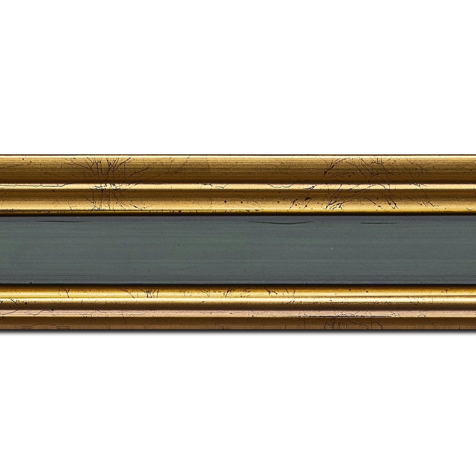 Baguette longueur 1.40m bois profil braque largeur 5.2cm or patiné gorge vert foncé antique