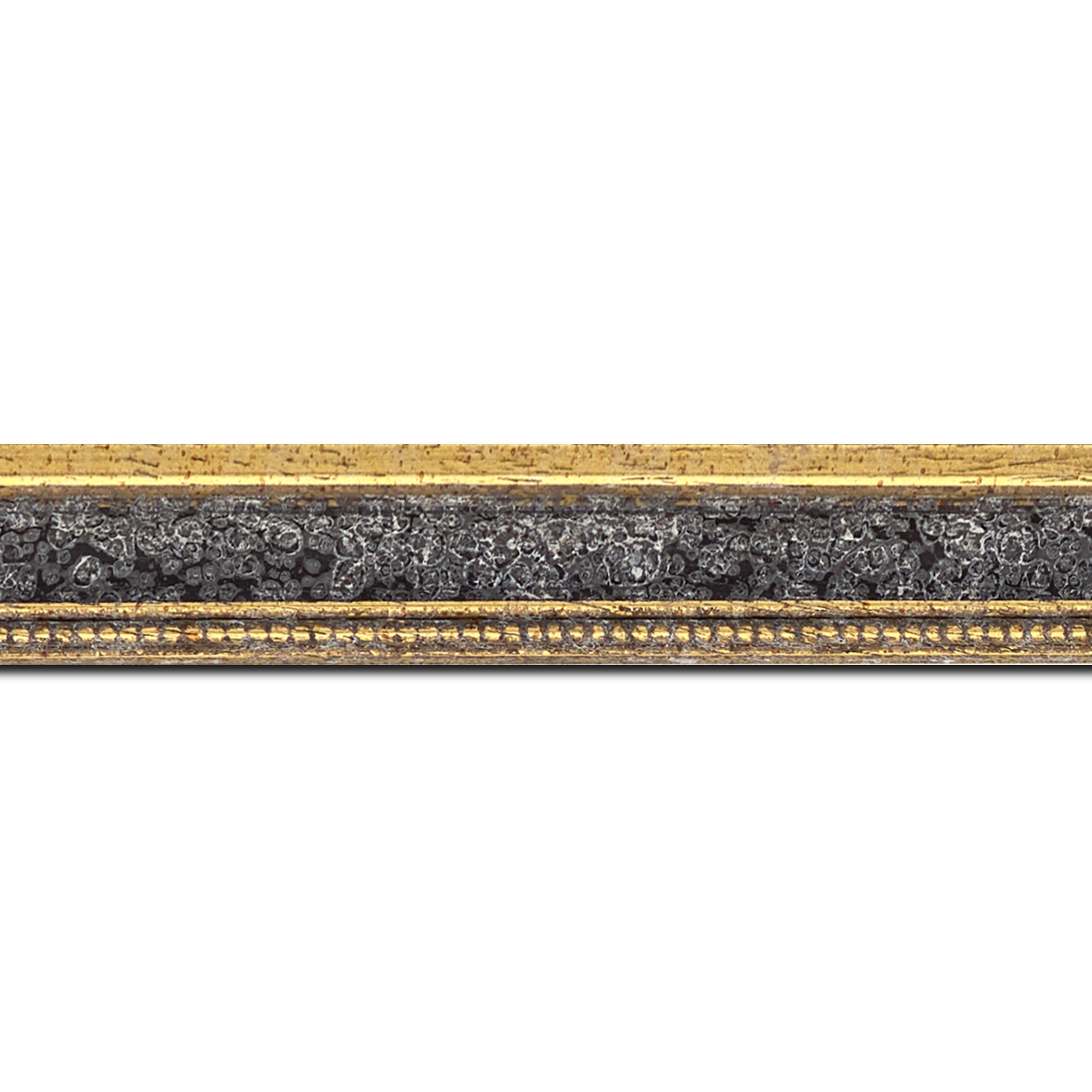 Baguette longueur 1.40m bois profil incurvé largeur 2.4cm  or antique gorge gris noirci vieilli filet perle or