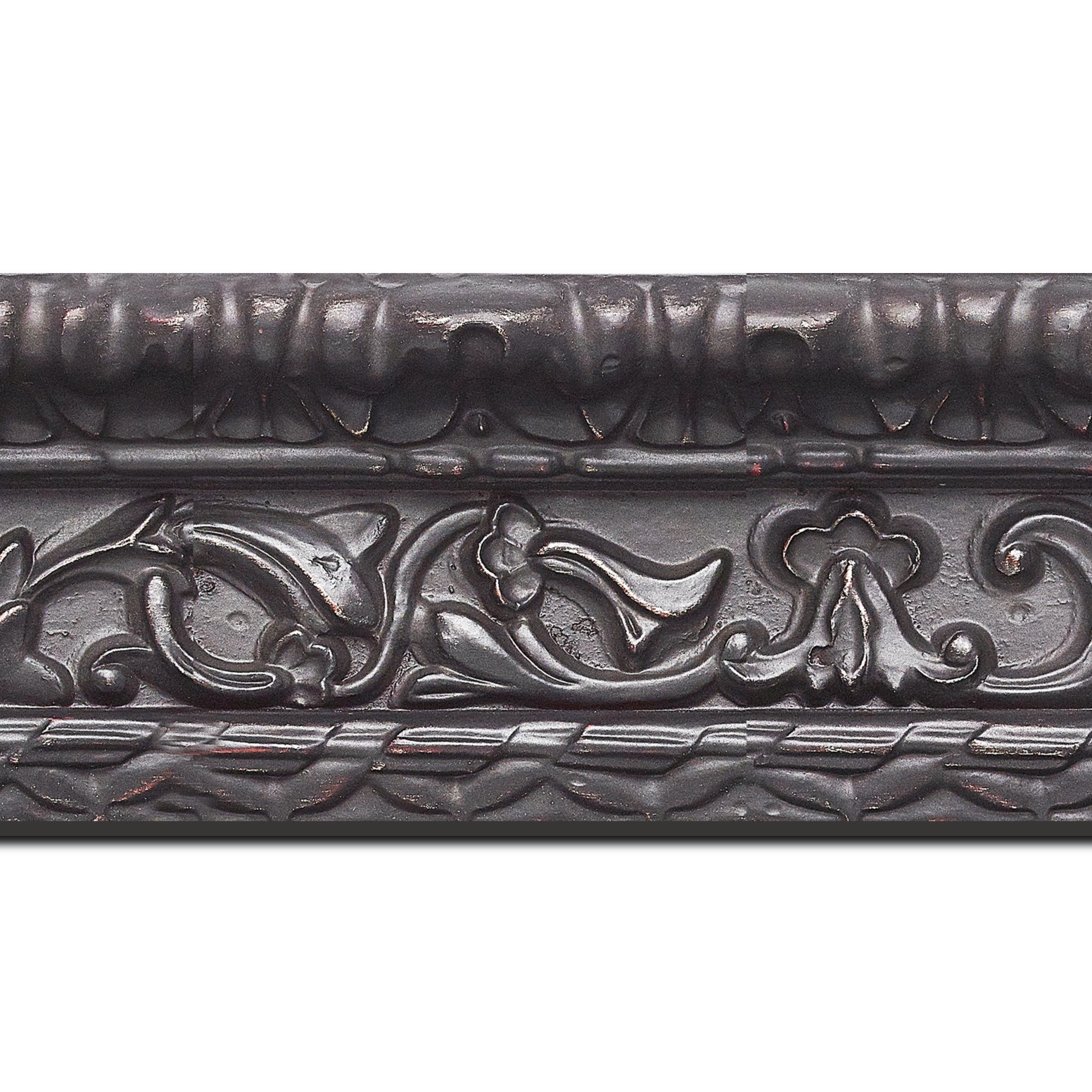 Pack par 12m, bois profil incurvé largeur 9.8cm noir antique style ornement (longueur baguette pouvant varier entre 2.40m et 3m selon arrivage des bois)