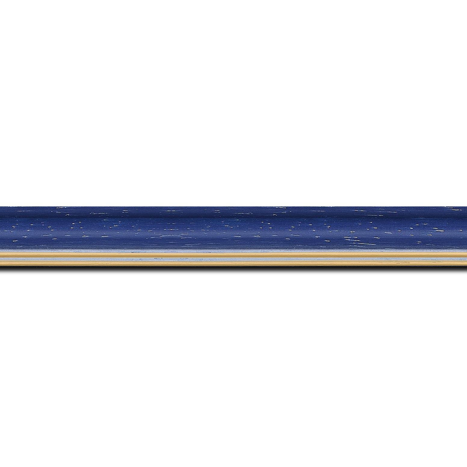 Baguette longueur 1.40m bois profil doucine inversée largeur 2.3cm bleu cérusé double filet or