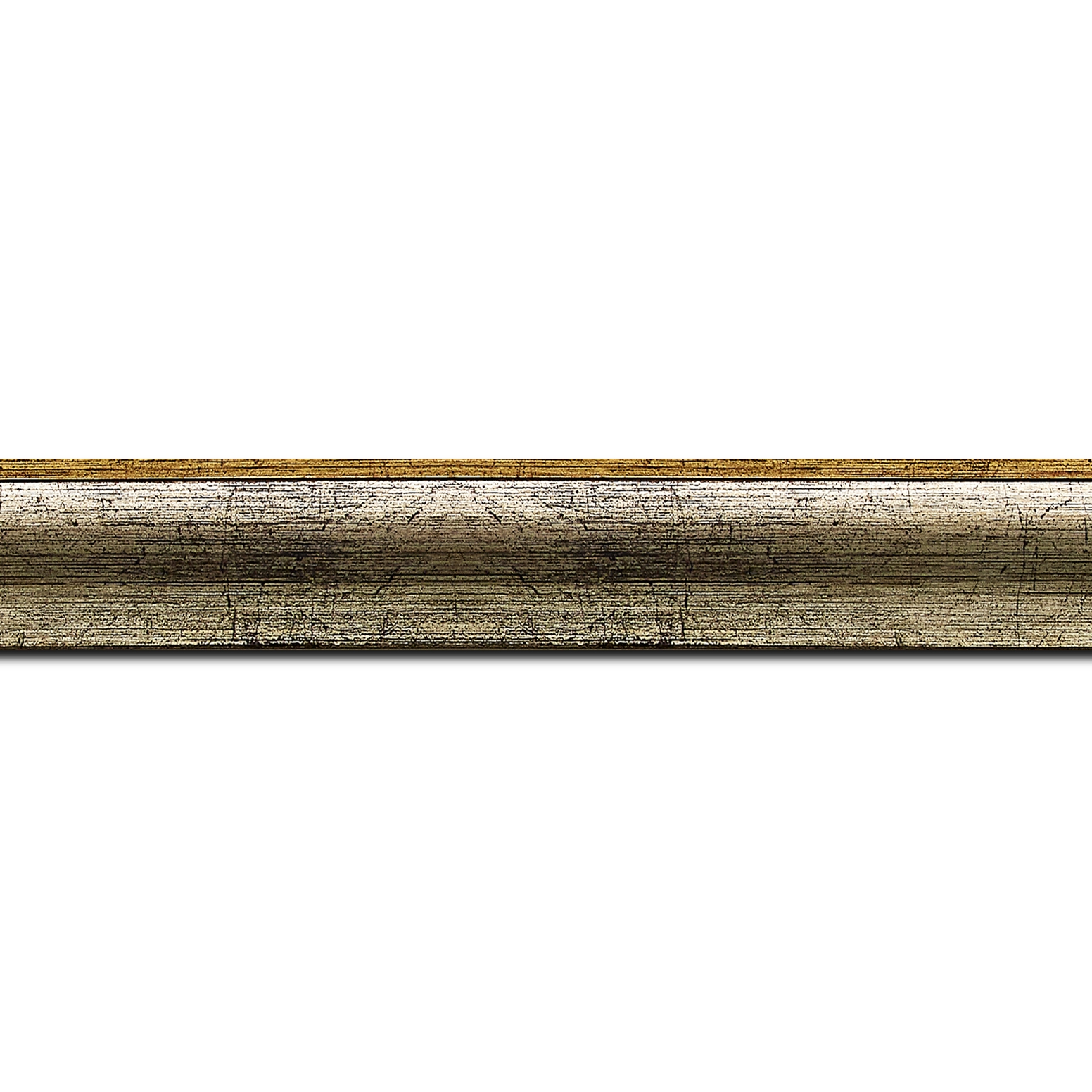 Baguette longueur 1.40m bois profil arrondi plongeant largeur 2.4cm couleur argent chaud effet oxydé filet extérieur or