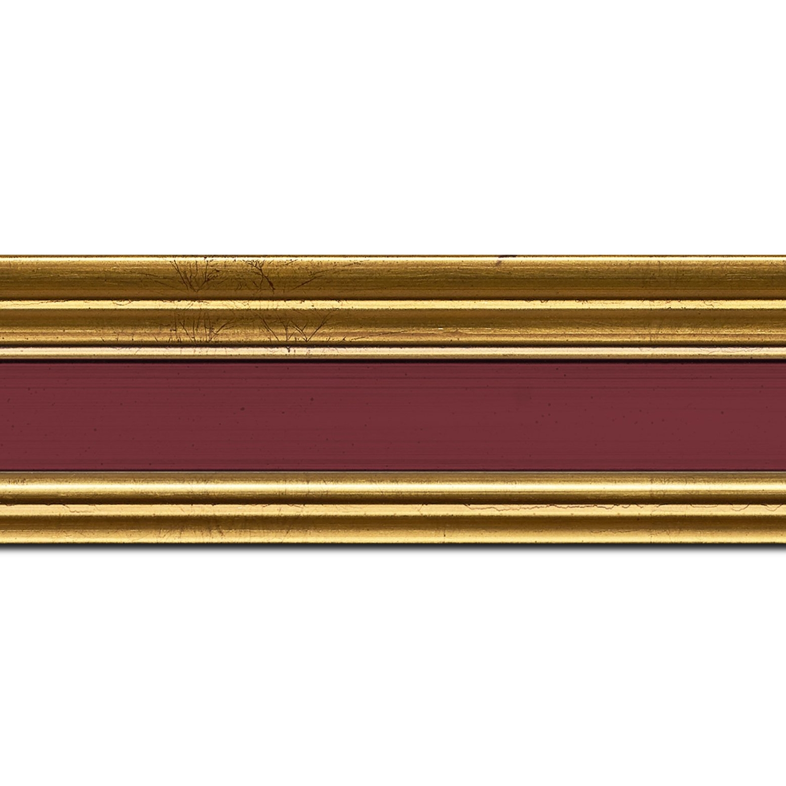 Baguette longueur 1.40m bois profil braque largeur 5.2cm or patiné gorge bordeaux antique