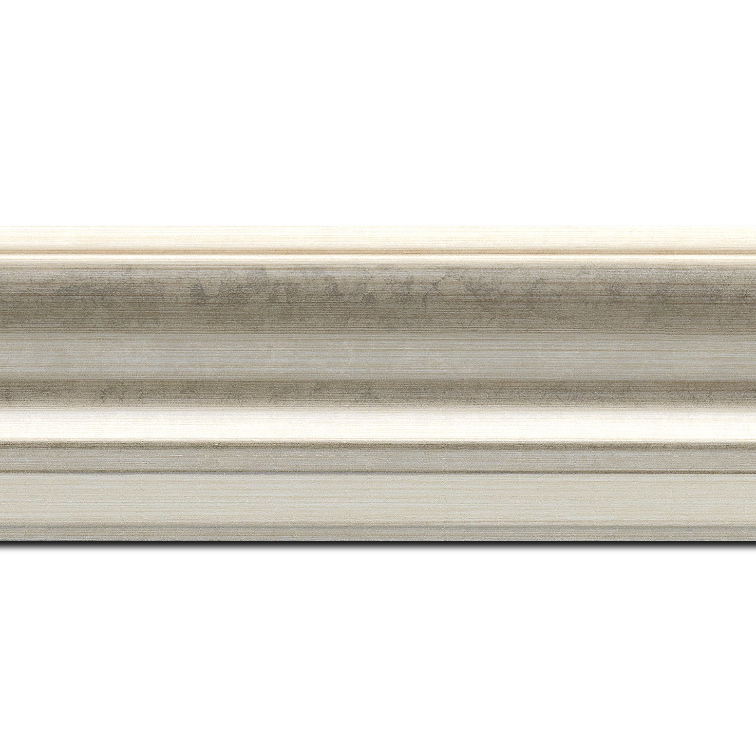 Pack par 12m, bois profil incurvé largeur 6.3cm couleur argent chaud marie louise intégrée(longueur baguette pouvant varier entre 2.40m et 3m selon arrivage des bois)