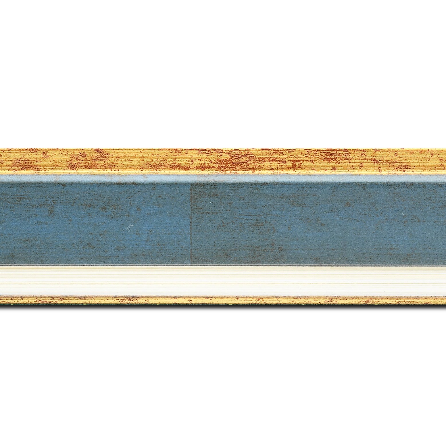 Pack par 12m, bois profil incliné largeur 5.4cm couleur bleu cobalt marie louise crème filet or intégrée(longueur baguette pouvant varier entre 2.40m et 3m selon arrivage des bois)