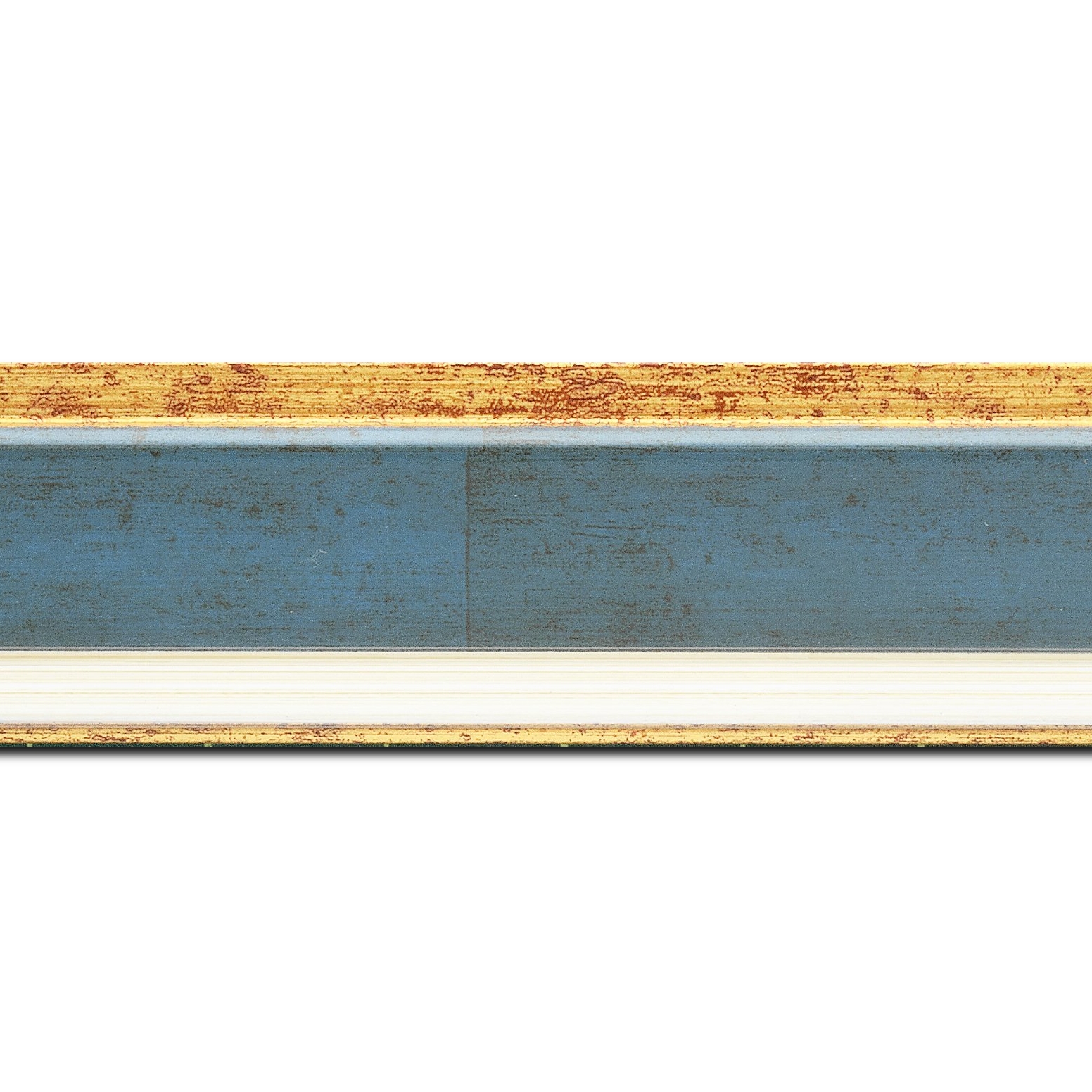 Pack par 12m, bois profil incliné largeur 5.4cm couleur bleu cobalt marie louise crème filet or intégrée(longueur baguette pouvant varier entre 2.40m et 3m selon arrivage des bois)