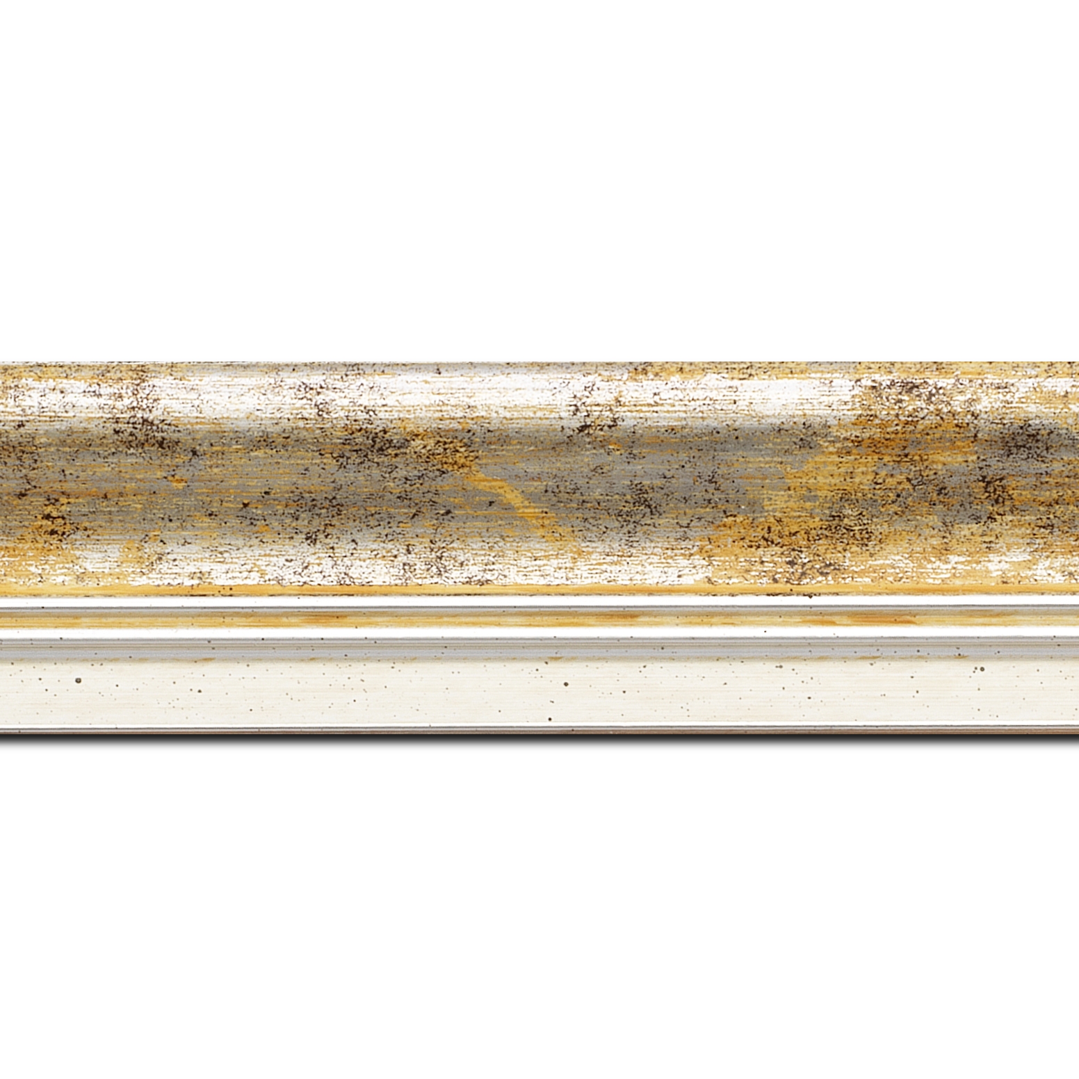 Baguette longueur 1.40m bois profil incurvé largeur 5.7cm de couleur jaune fond argent marie louise blanche mouchetée filet argent intégré