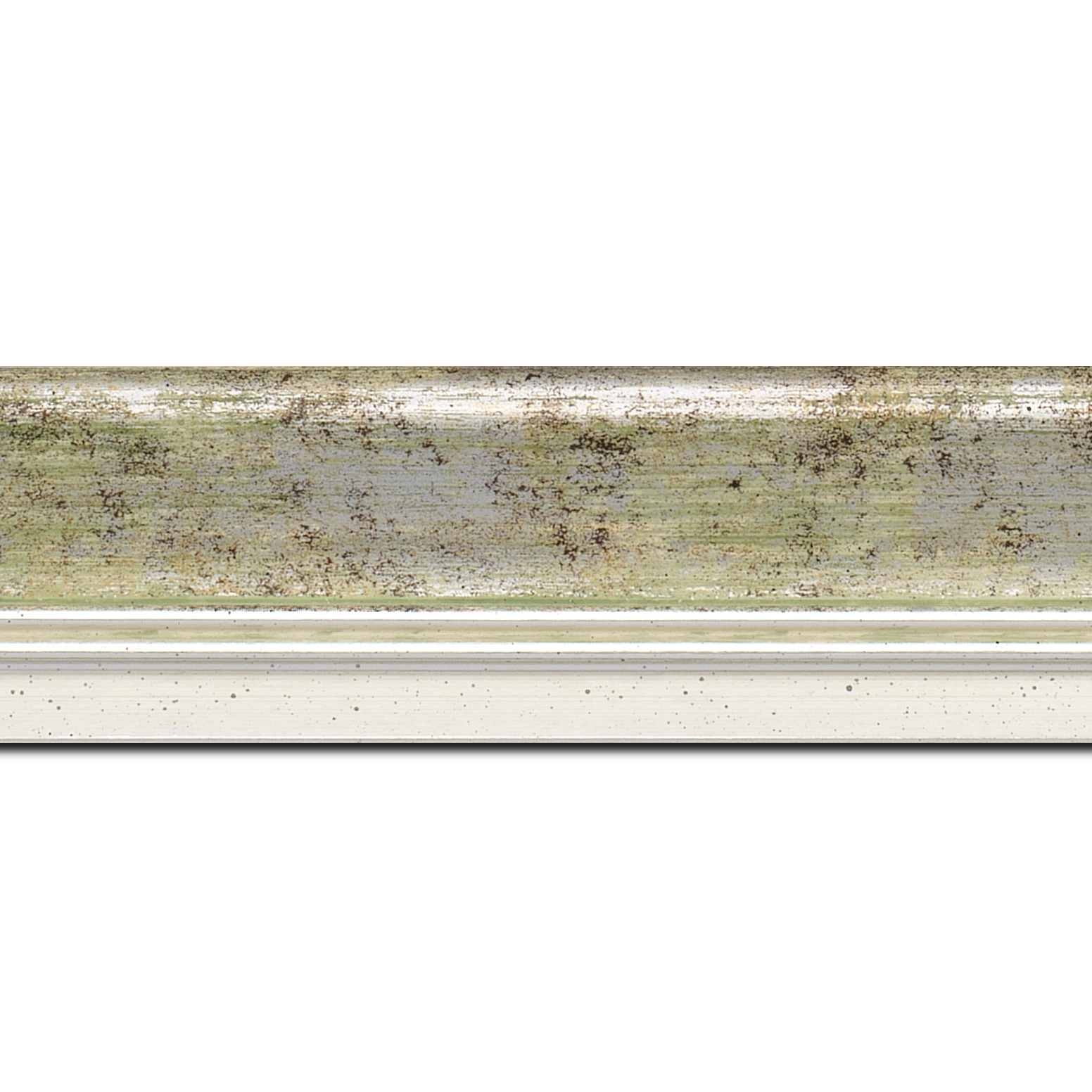 Baguette longueur 1.40m bois profil incurvé largeur 5.7cm de couleur vert fond argent marie louise blanche mouchetée filet argent intégré