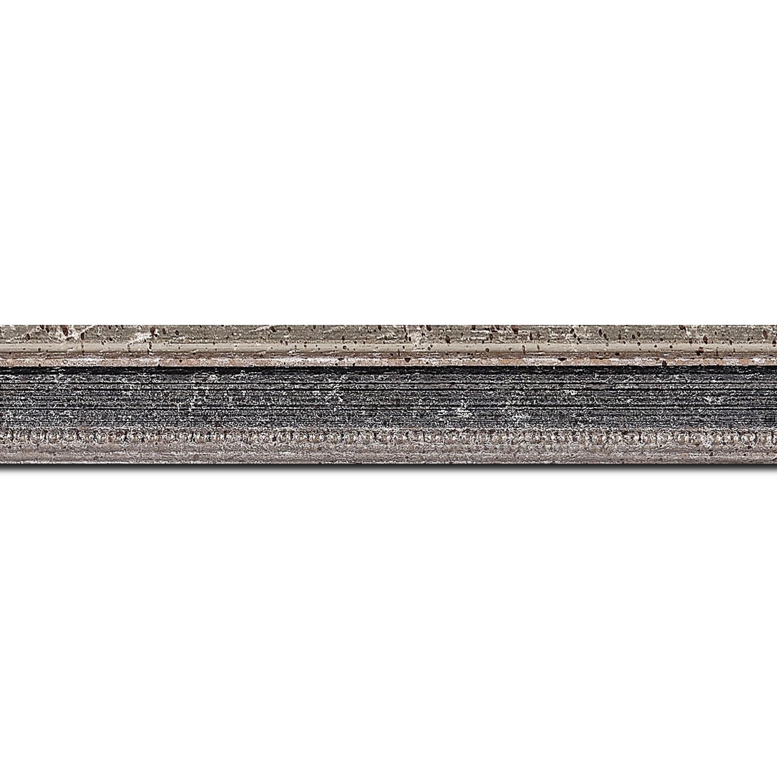 Baguette longueur 1.40m bois profil incurvé largeur 2.4cm argent antique gorge gris noirci vieilli filet perle argent