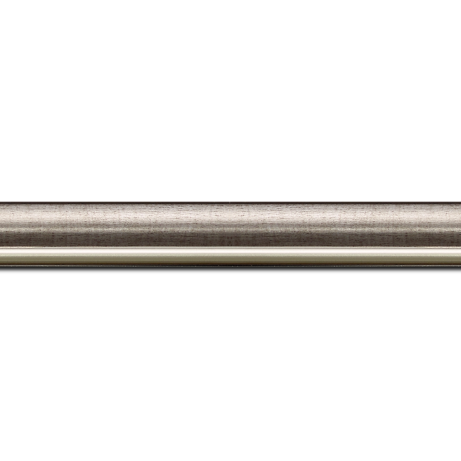 Pack par 12m, bois profil arrondi largeur 2.1cm  couleur plomb filet argent chaud (longueur baguette pouvant varier entre 2.40m et 3m selon arrivage des bois)