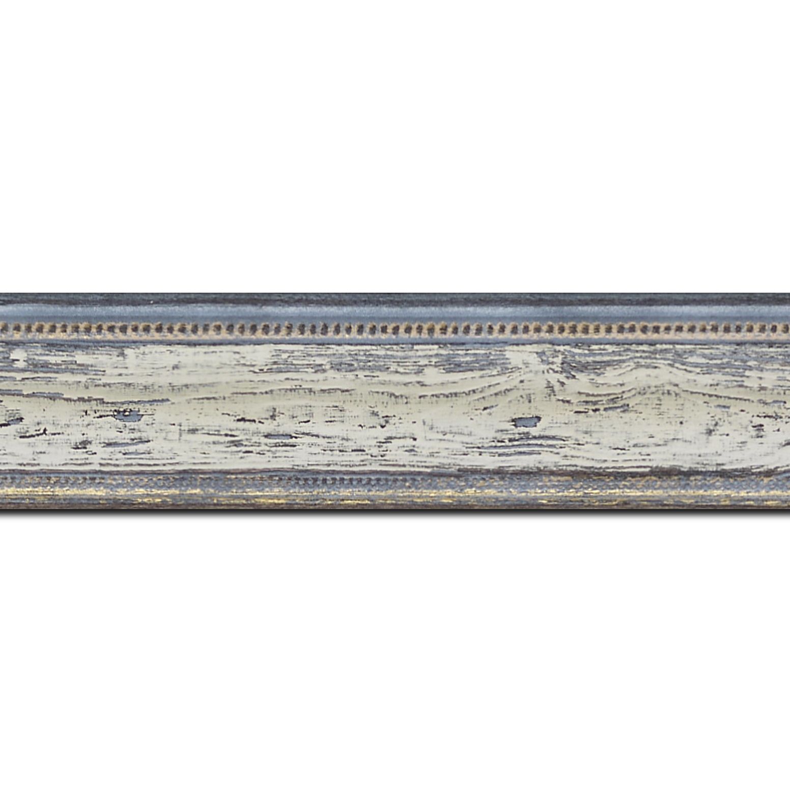 Baguette longueur 1.40m bois profil incurvé largeur 4.1cm couleur bleu blanchie aspect veiné liseret or