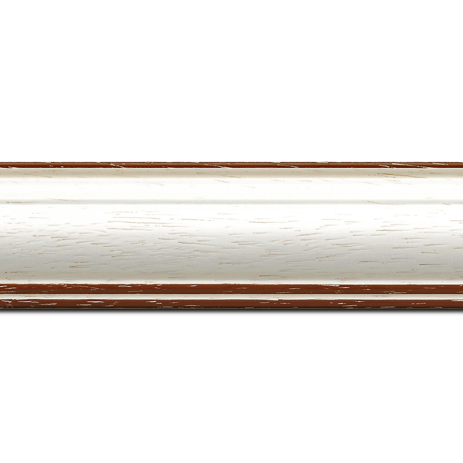 Baguette longueur 1.40m bois profil bombé largeur 5cm couleur blanchie satiné filet marron foncé