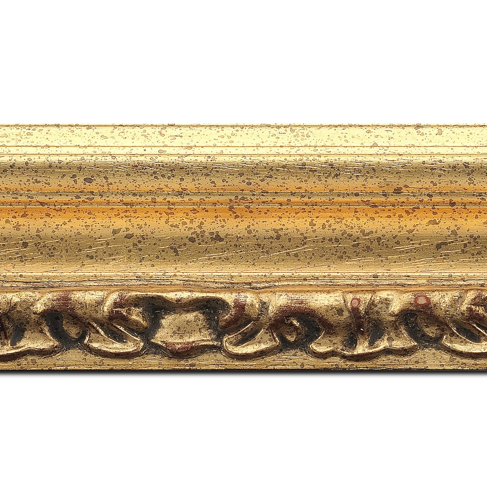 Baguette longueur 1.40m bois profil incurvé largeur 7.9cm or antique nez or à la feuille style