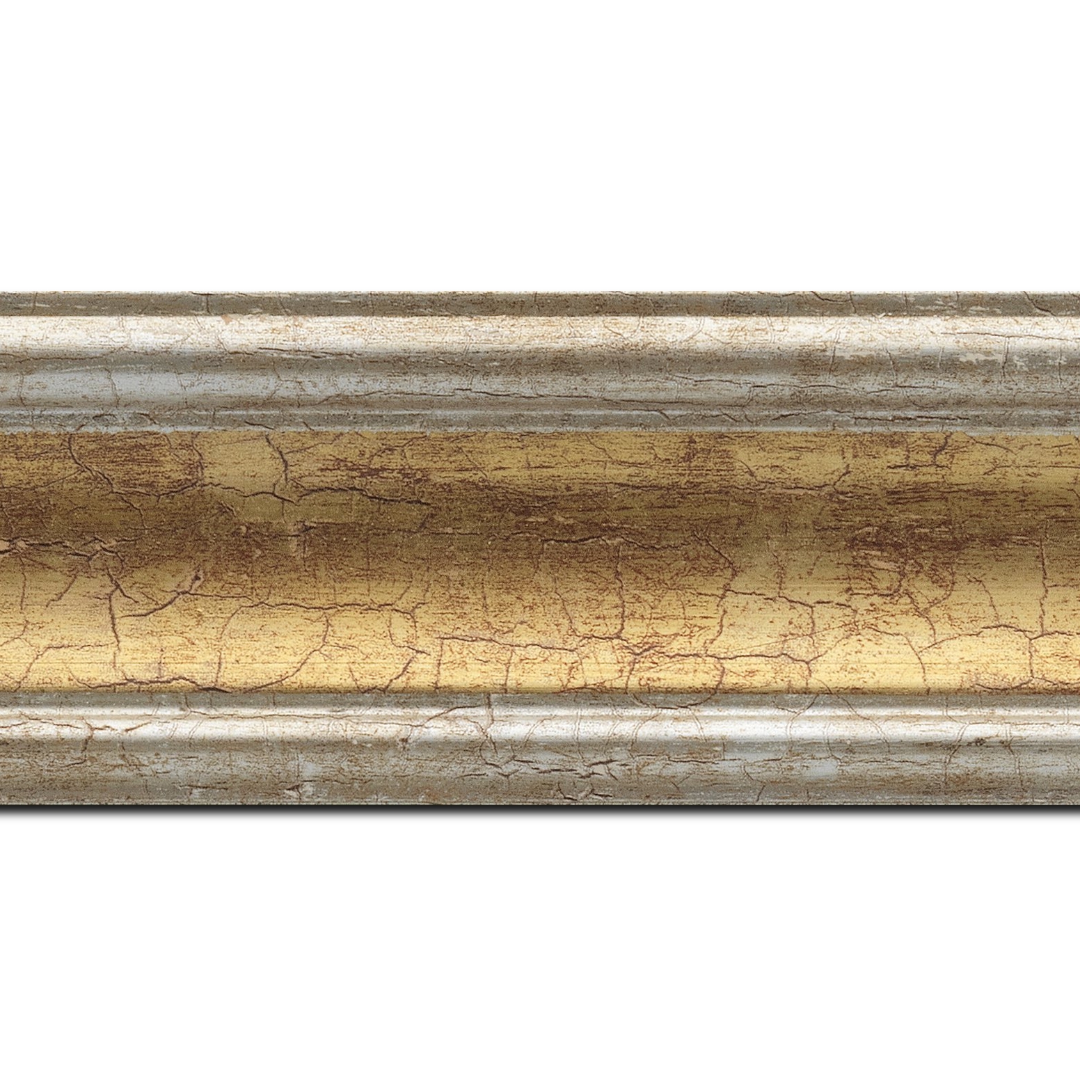 Pack par 12m, bois profil incurvé largeur 7cm gorge or craquelé bord argent chaud craquelé (longueur baguette pouvant varier entre 2.40m et 3m selon arrivage des bois)