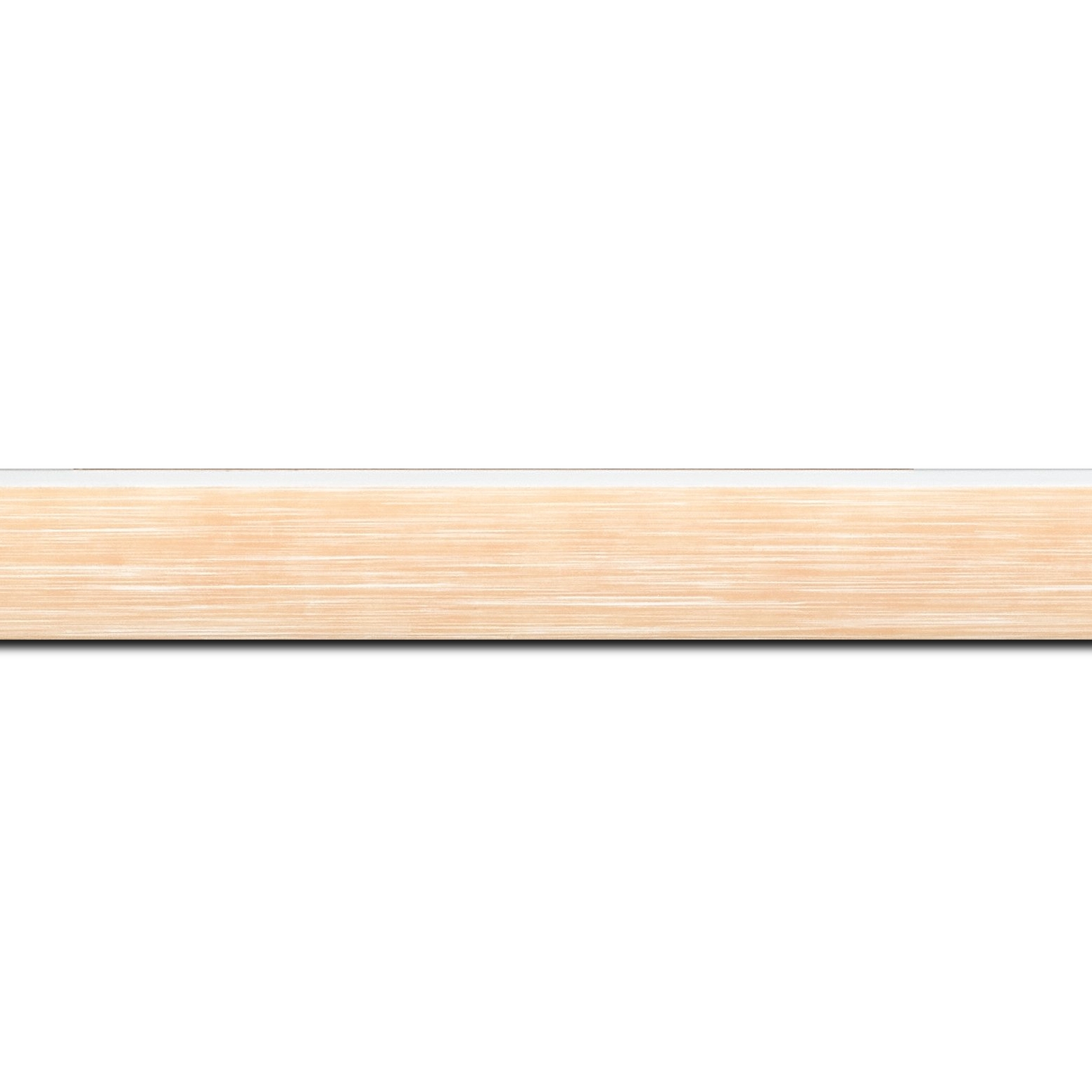 Baguette longueur 1.40m bois profil arrondi en pente plongeant largeur 2.4cm couleur orange saumon tendre, arête et chant extérieur du cadre blanc