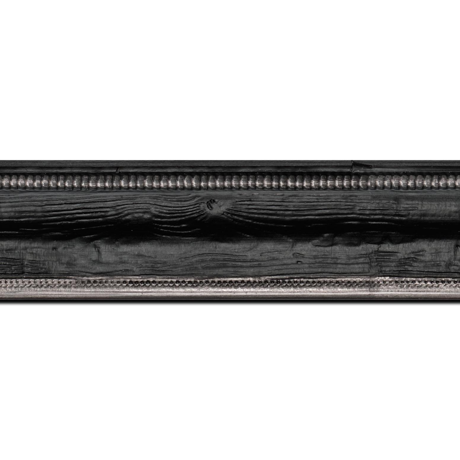 Baguette longueur 1.40m bois profil incurvé largeur 4.1cm couleur noir aspect veiné liseret argent