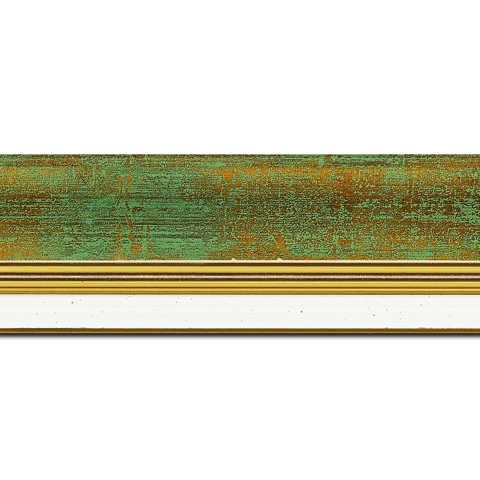Baguette longueur 1.40m bois profil incurvé largeur 5.7cm de couleur vert fond or marie louise blanche mouchetée filet or intégré