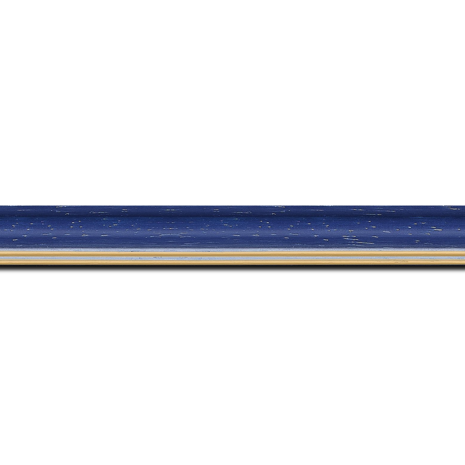 Pack par 12m, bois profil doucine inversée largeur 2.3cm bleu cérusé double filet or (longueur baguette pouvant varier entre 2.40m et 3m selon arrivage des bois)