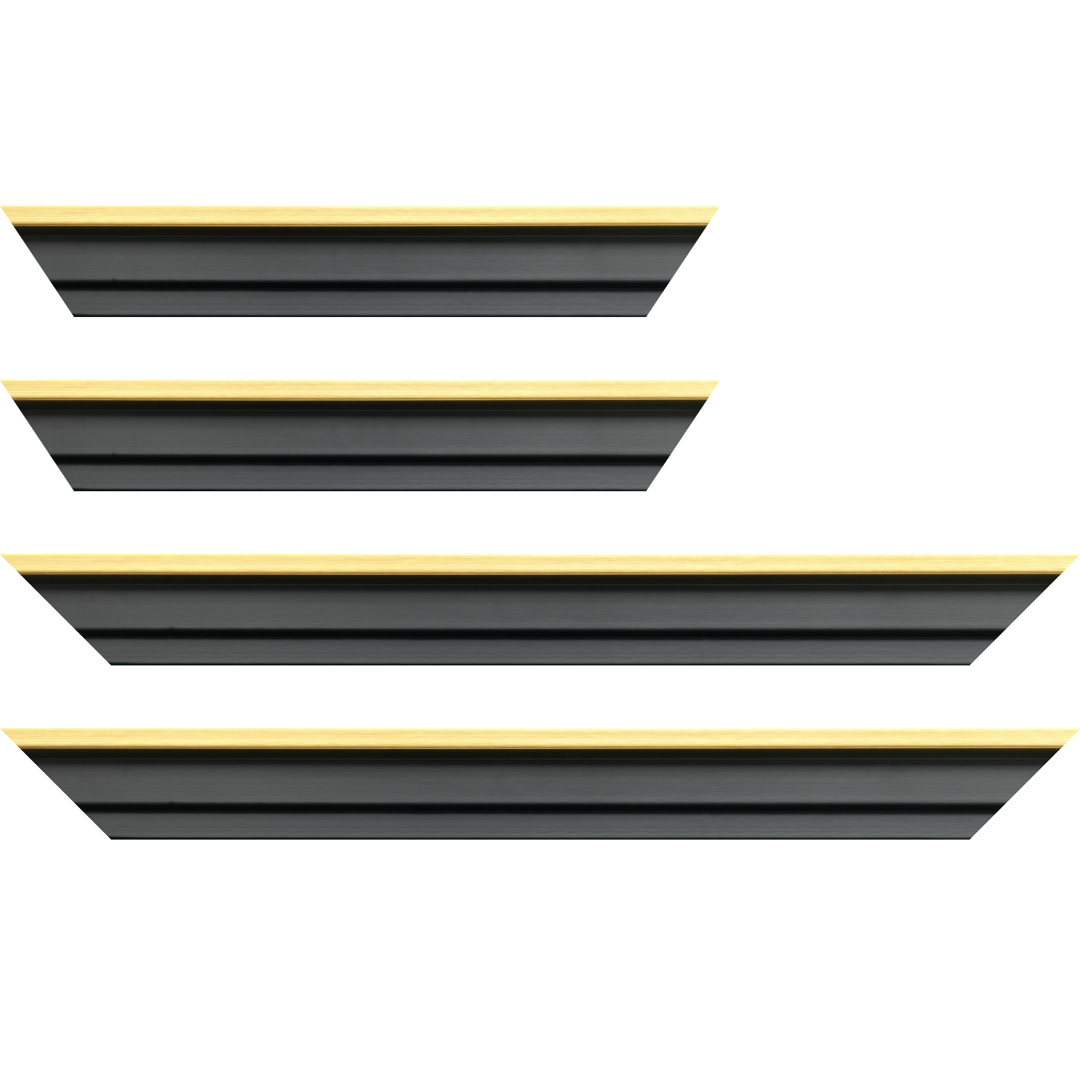 Baguette service précoupé Bois caisse américaine profil escalier largeur 4.4cm noir mat  filet or (spécialement conçu pour les châssis d'une épaisseur jusqu’à 2.5cm )