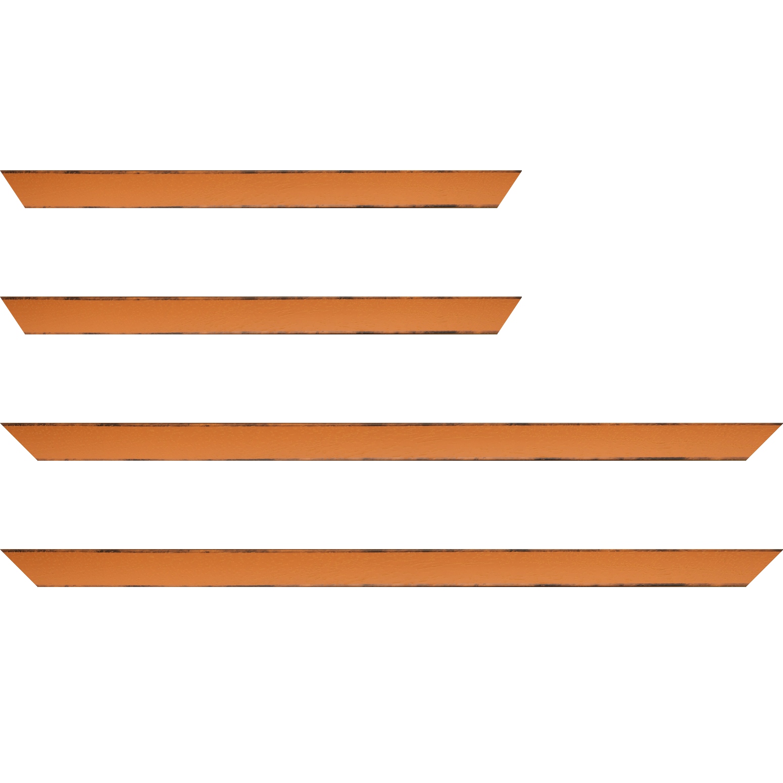 Baguette service précoupé Bois profil concave largeur 2.4cm couleur orange tonique  satiné  arêtes essuyés noircies de chaque coté