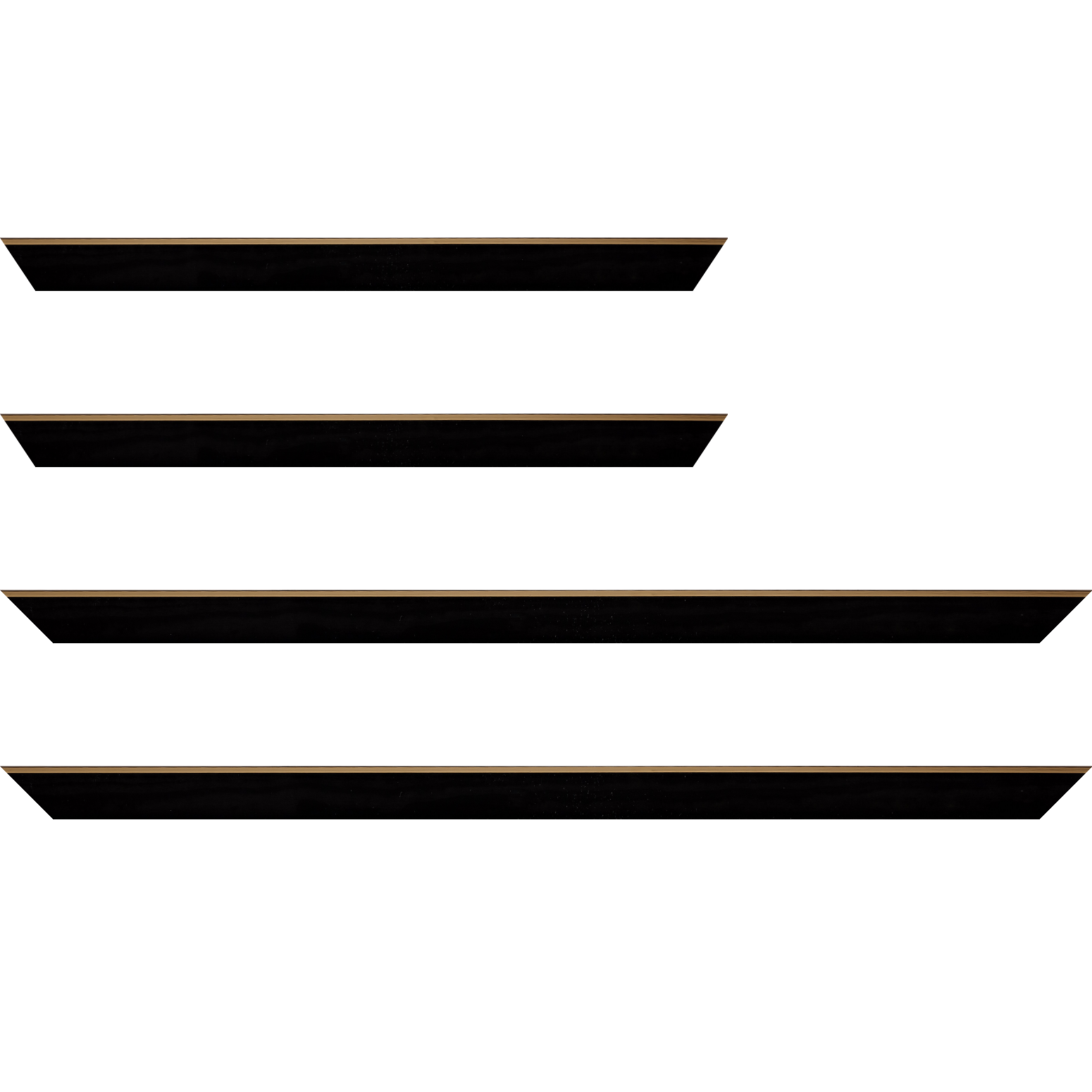 Baguette service précoupé bois profil arrondi en pente plongeant largeur 2.4cm couleur noir satiné,veine du bois  apparent (pin) , angle du cadre extérieur filet or chromé