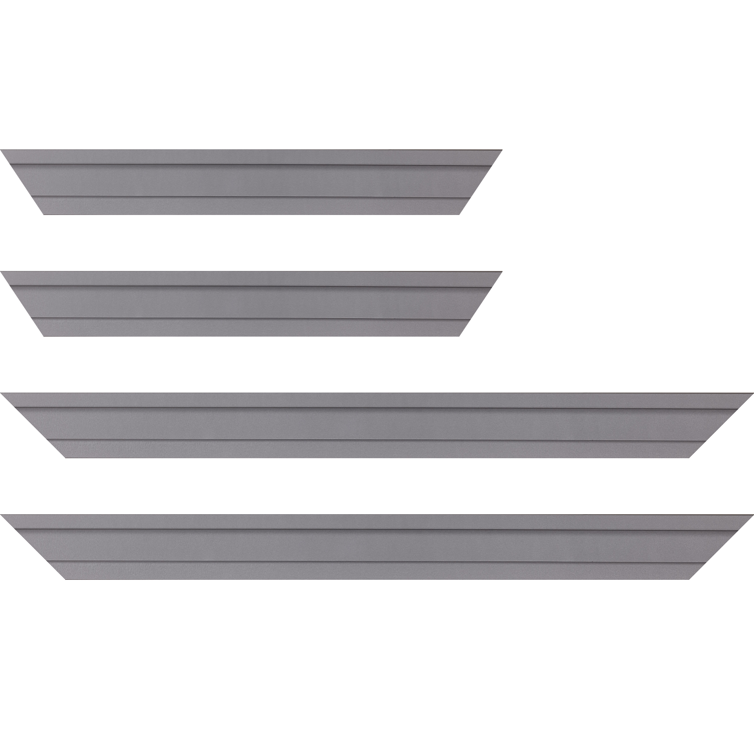 Baguette service précoupé Bois caisse américaine profil escalier largeur 4.4cm argent satiné contemporain (spécialement conçu pour les châssis d'une épaisseur jusqu’à 2.5cm )