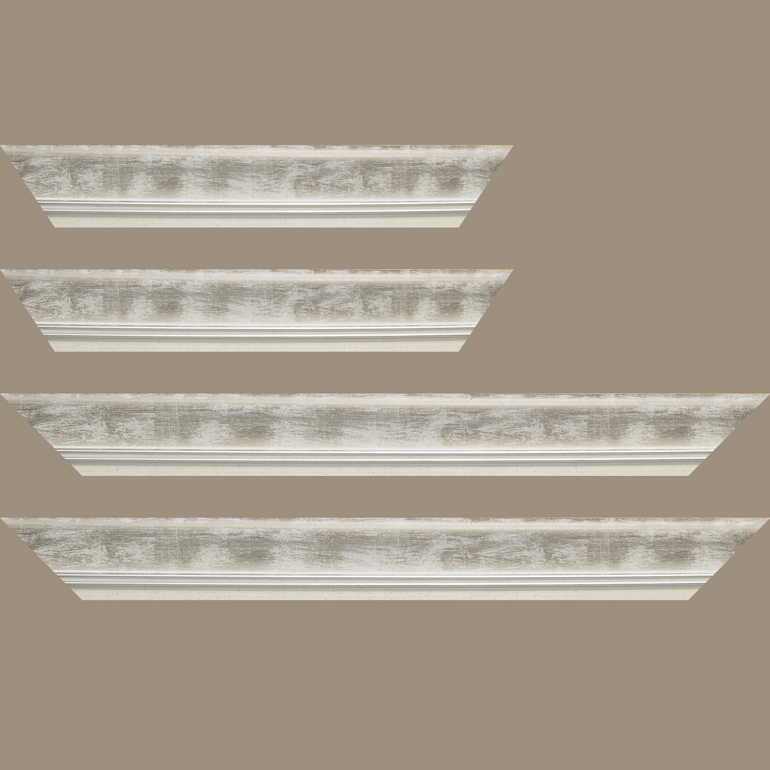 Baguette service précoupé Bois profil incurvé largeur 5.7cm de couleur blanc fond argent marie louise blanche mouchetée filet argent intégré