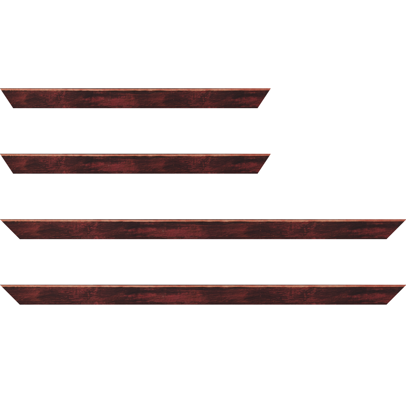 Baguette service précoupé bois profil arrondi en pente plongeant largeur 2.4cm couleur bordeaux effet ressuyé, angle du cadre extérieur filet naturel