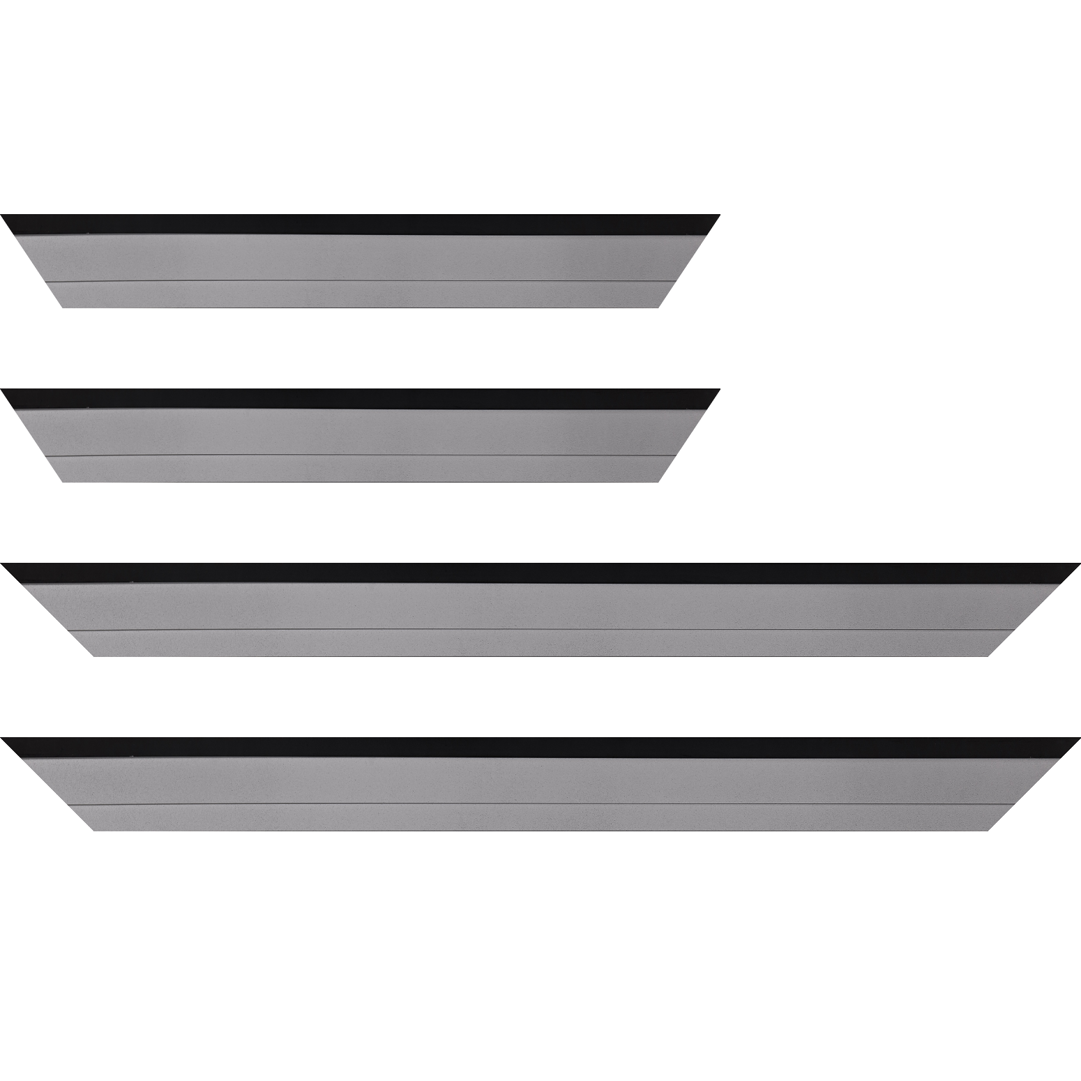 Baguette service précoupé Bois caisse américaine profil escalier largeur 4.4cm argent satiné contemporain ,filet noir y compris le coté extérieur (spécialement conçu pour les châssis d'une épaisseur jusqu’à 2.5cm )