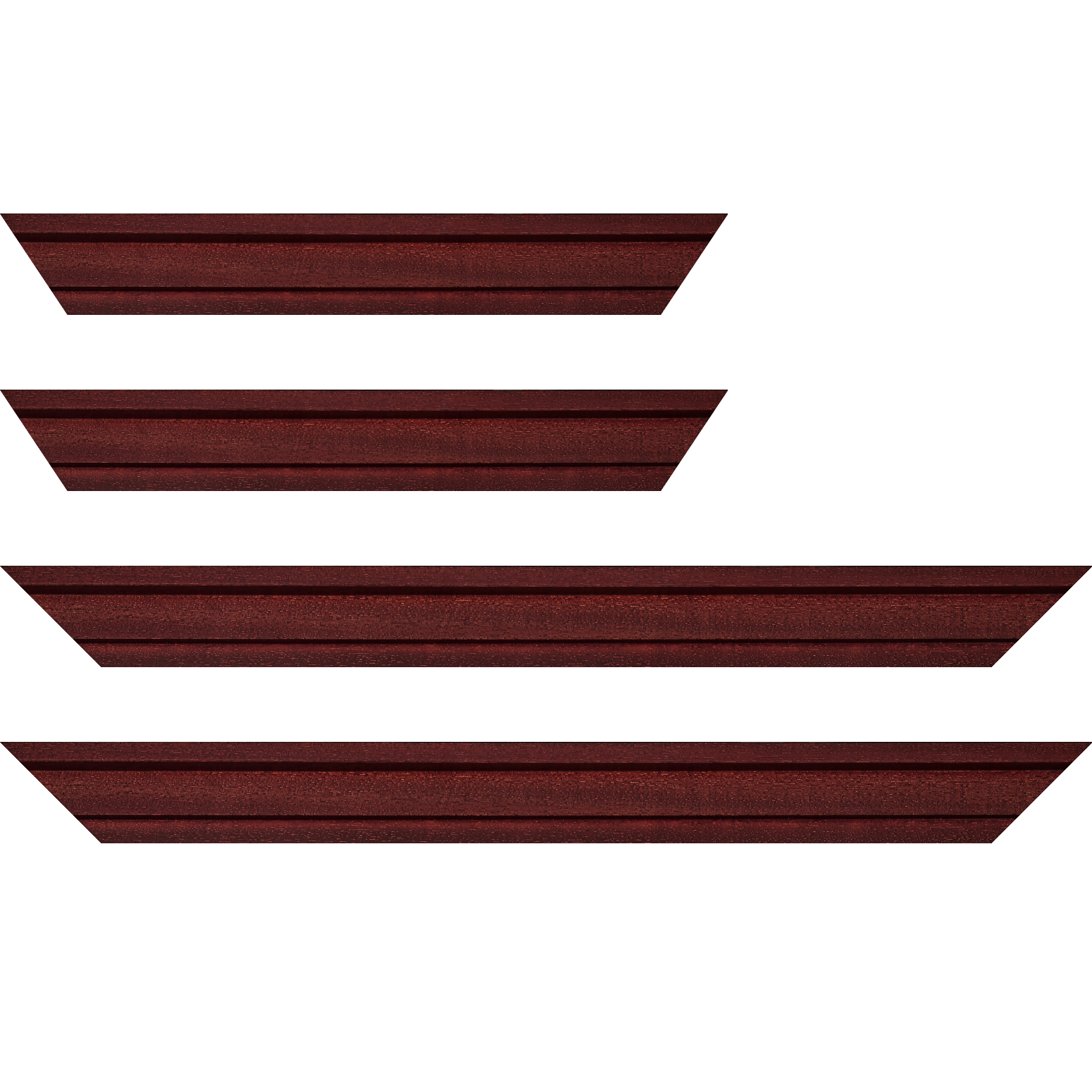 Baguette service précoupé Bois caisse américaine profil escalier largeur 4.4cm bordeaux satiné (spécialement conçu pour les châssis d'une épaisseur jusqu’à 2.5cm )