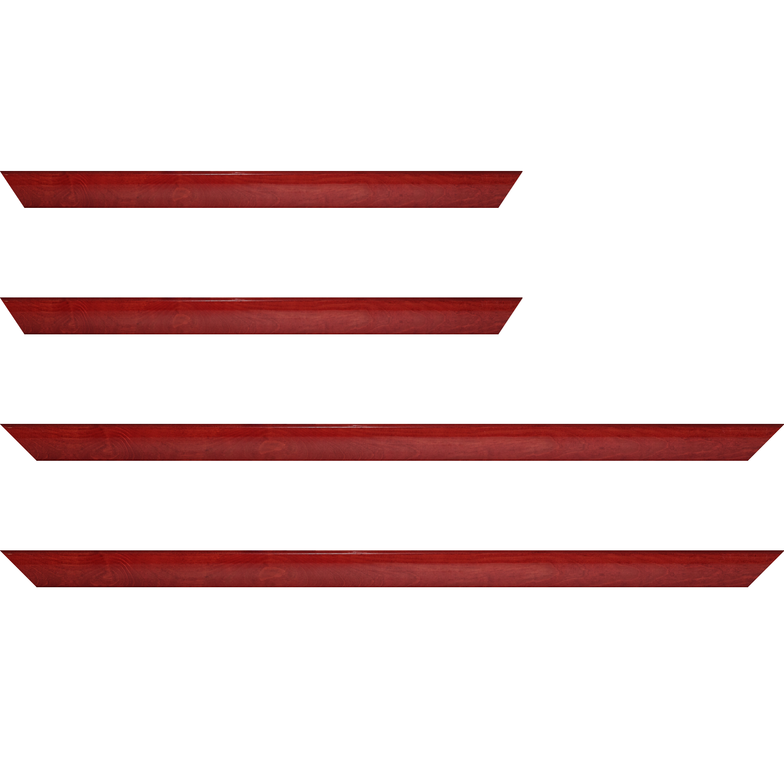 Baguette service précoupé bois profil arrondi en pente plongeant largeur 2.4cm couleur rouge cerise finition vernis brillant,veine du bois  apparent (pin) ,